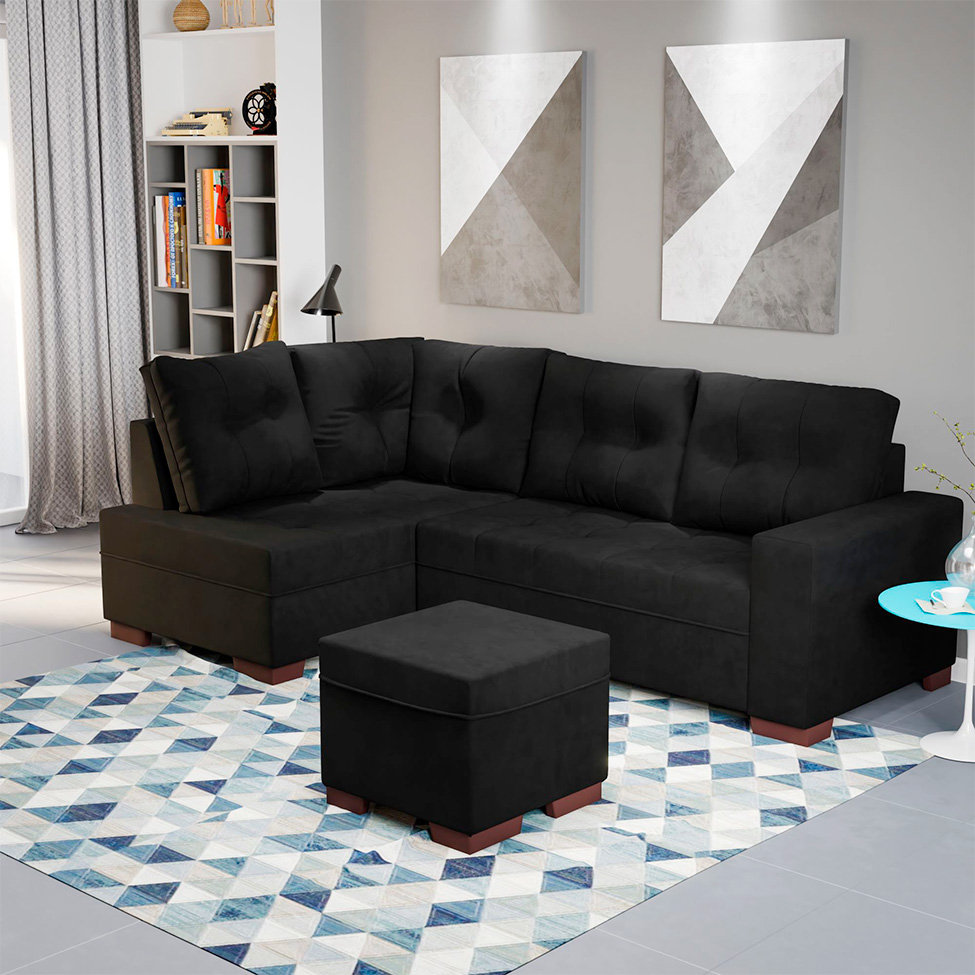 Sofá de Canto 6 Lugares Gávea Suede Preto