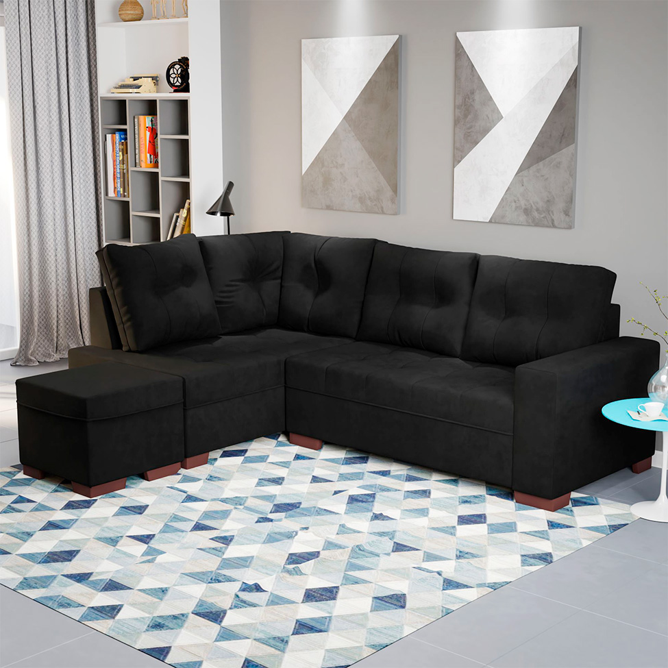 Sofá de Canto 6 Lugares Gávea Suede Preto