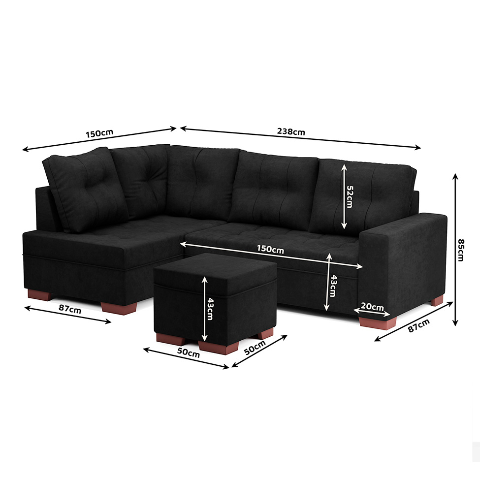 Sofá de Canto 6 Lugares Gávea Suede Preto