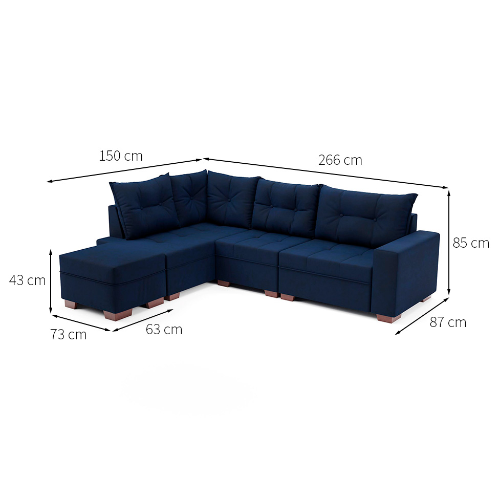 Sofá de Canto 7 Lugares Glória Suede Azul
