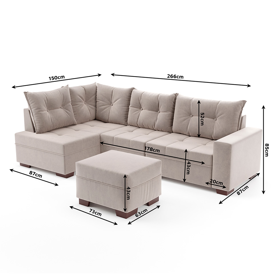 Sofá de Canto 7 Lugares Glória Suede Bege