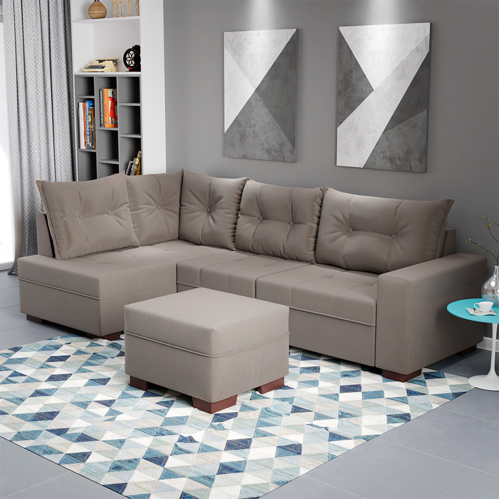 Sofá de Canto 7 Lugares Glória Suede Cinza