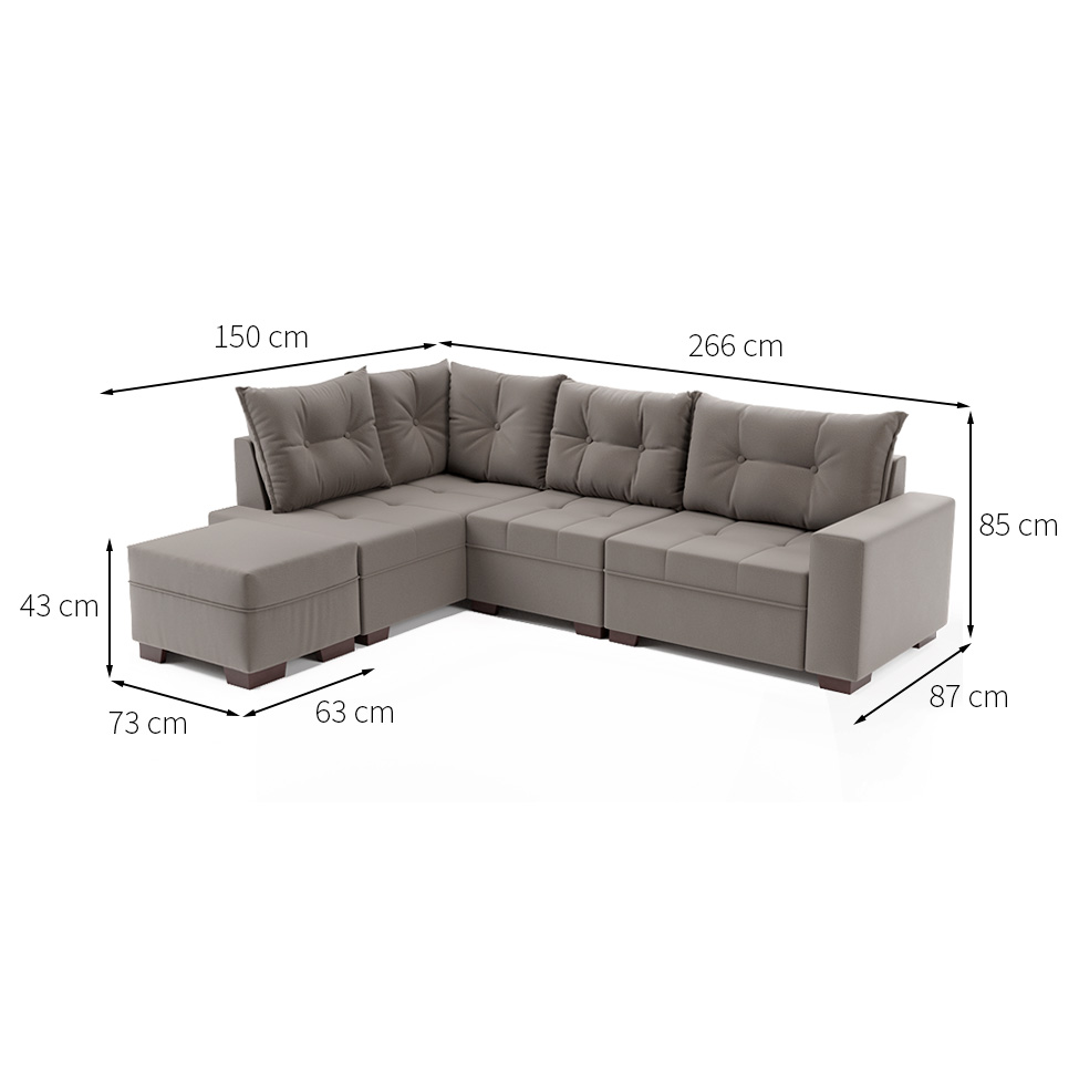 Sofá de Canto 7 Lugares Glória Suede Cinza