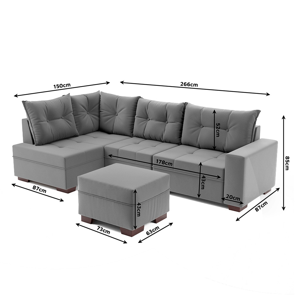 Sofá de Canto 7 Lugares Glória Suede Cinza