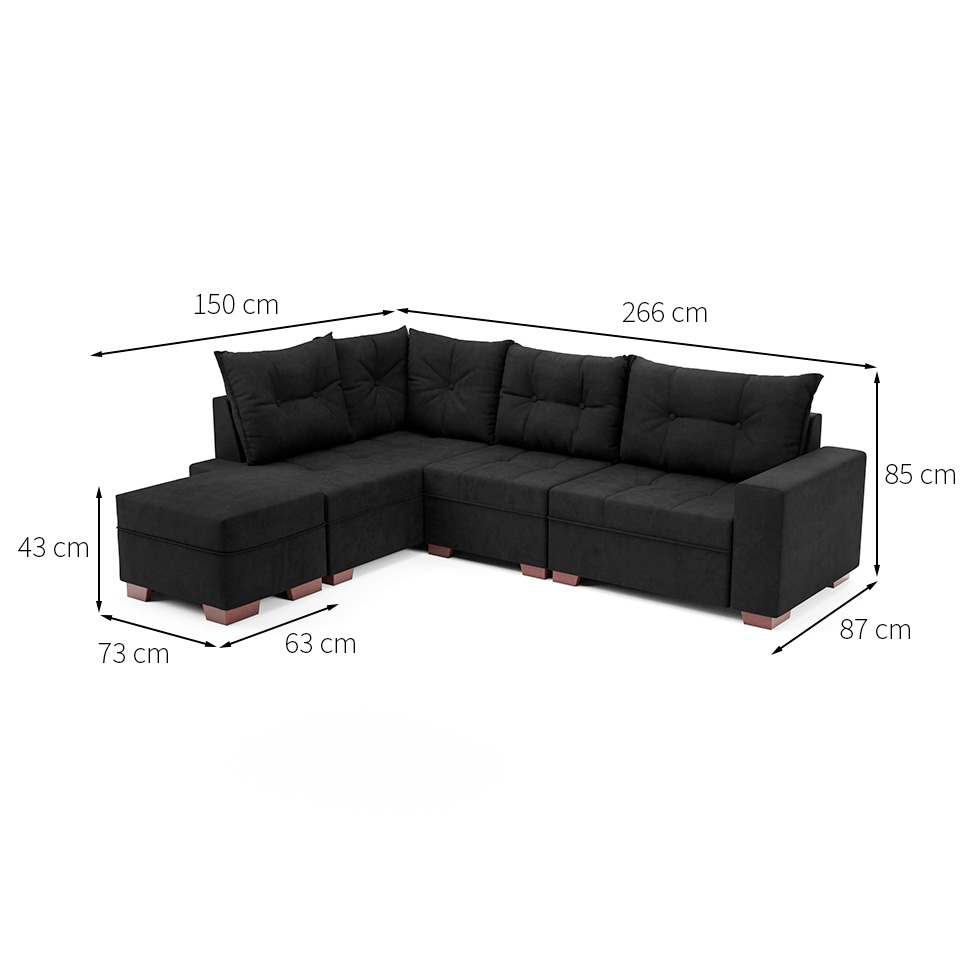 Sofá de Canto 7 Lugares Glória Suede Preto