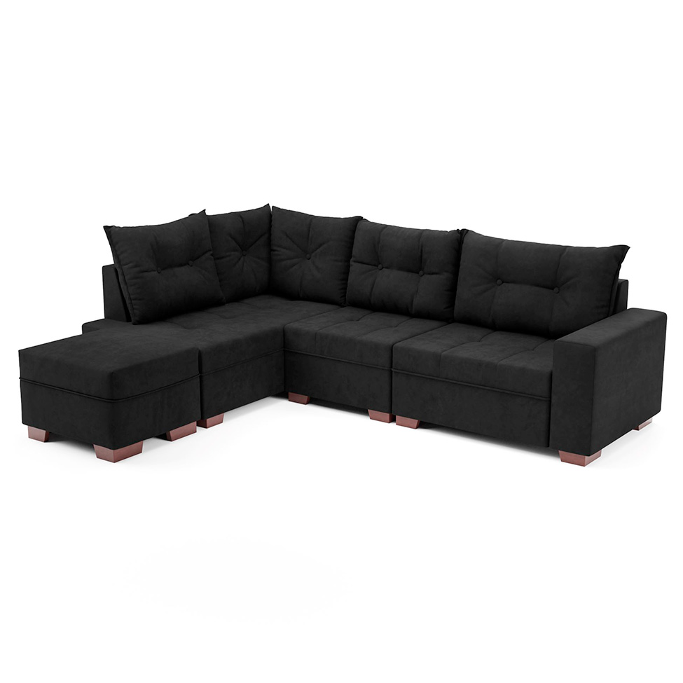 Sofá de Canto 7 Lugares Glória Suede Preto