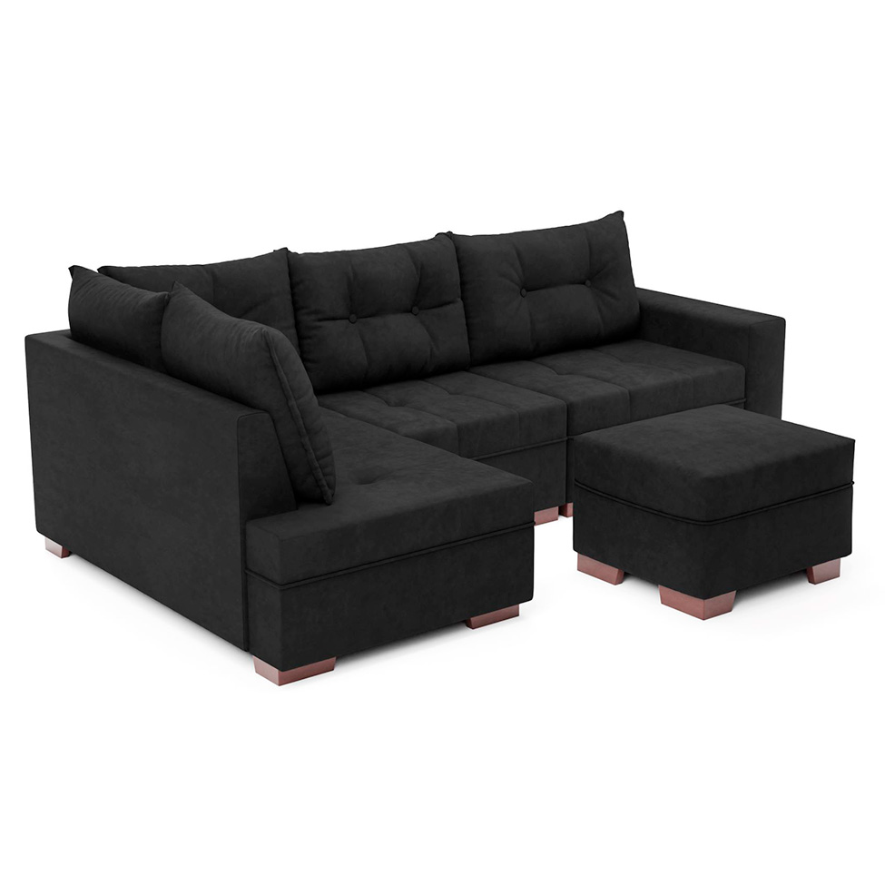 Sofá de Canto 7 Lugares Glória Suede Preto