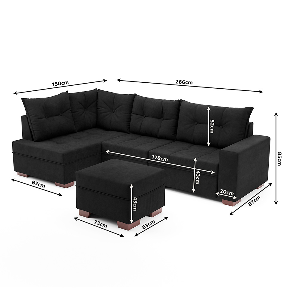 Sofá de Canto 7 Lugares Glória Suede Preto