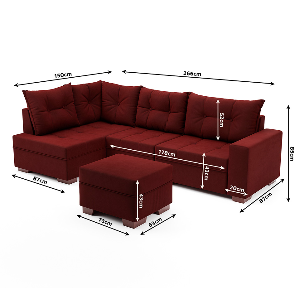 Sofá de Canto 7 Lugares Glória Suede Vermelho