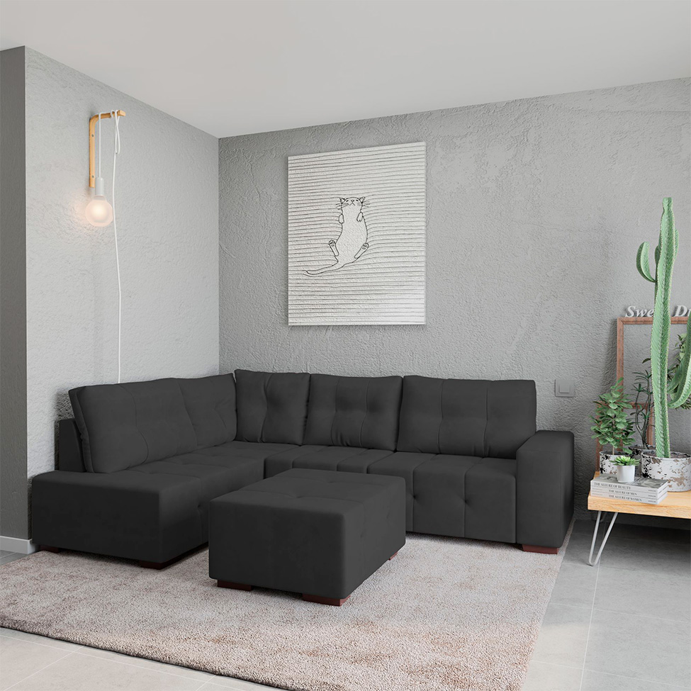 Sofá de Canto 8 Lugares Ipanema Suede Cinza Escuro