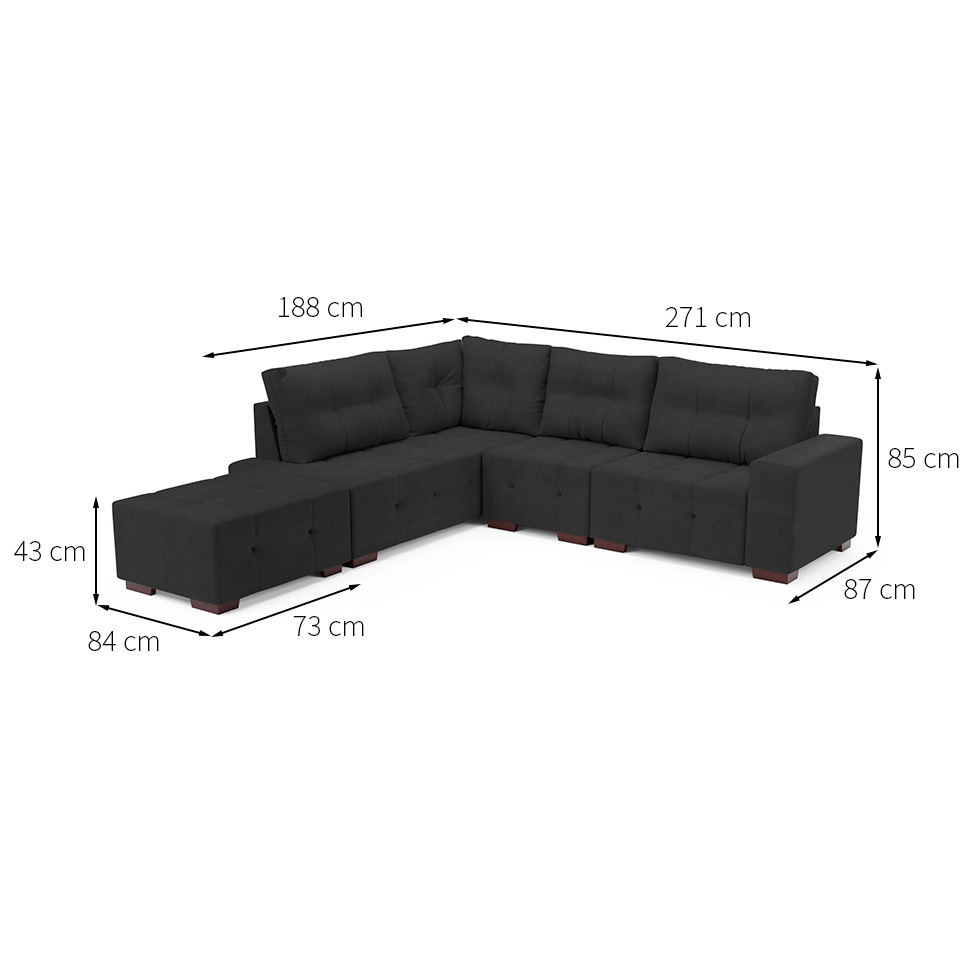 Sofá de Canto 8 Lugares Ipanema Suede Cinza Escuro