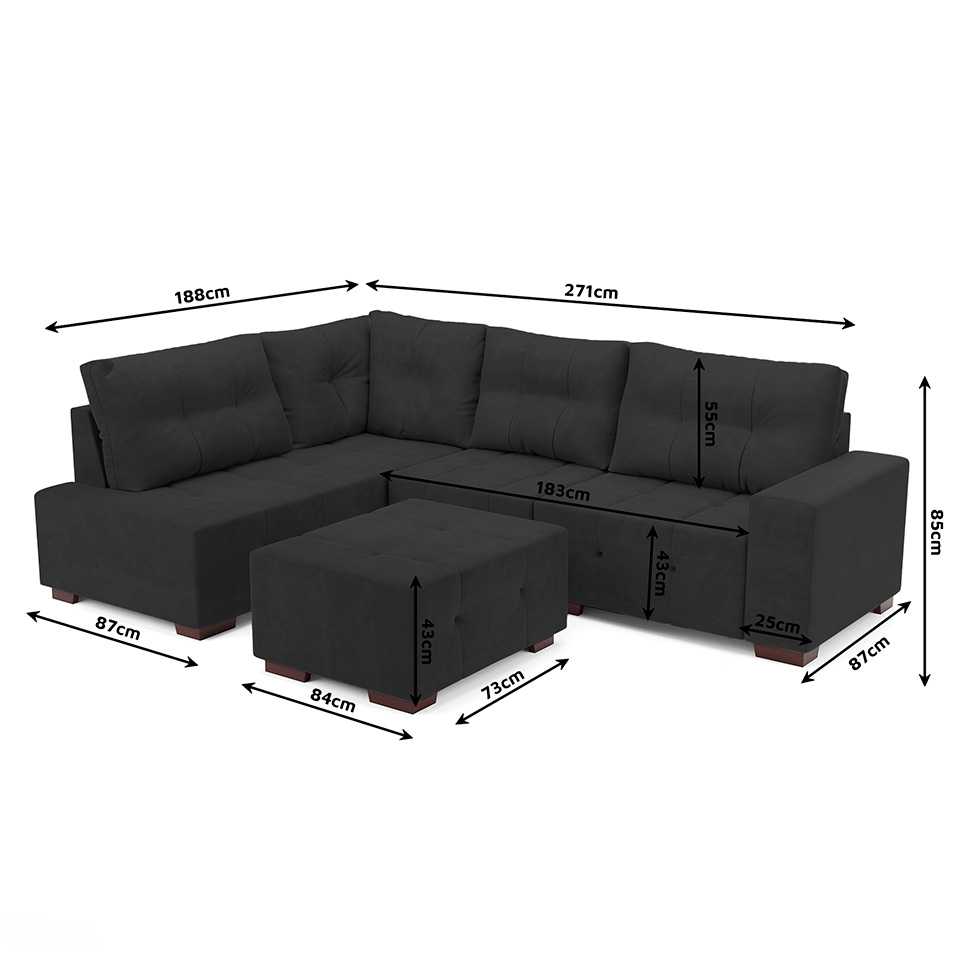 Sofá de Canto 8 Lugares Ipanema Suede Cinza Escuro