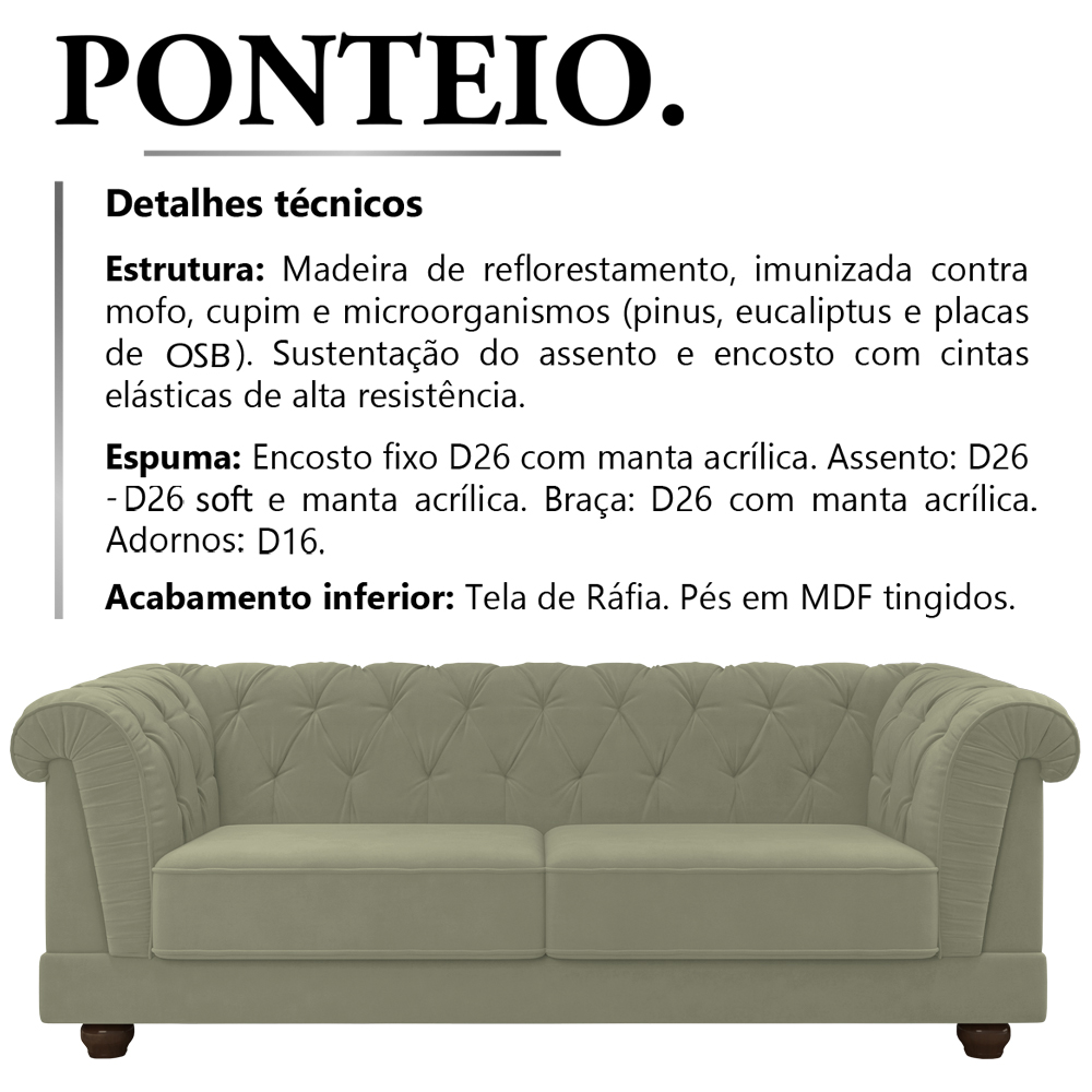 Sofa 3 Lugares 220 cm Ponteio Veludo SL 940 Moll