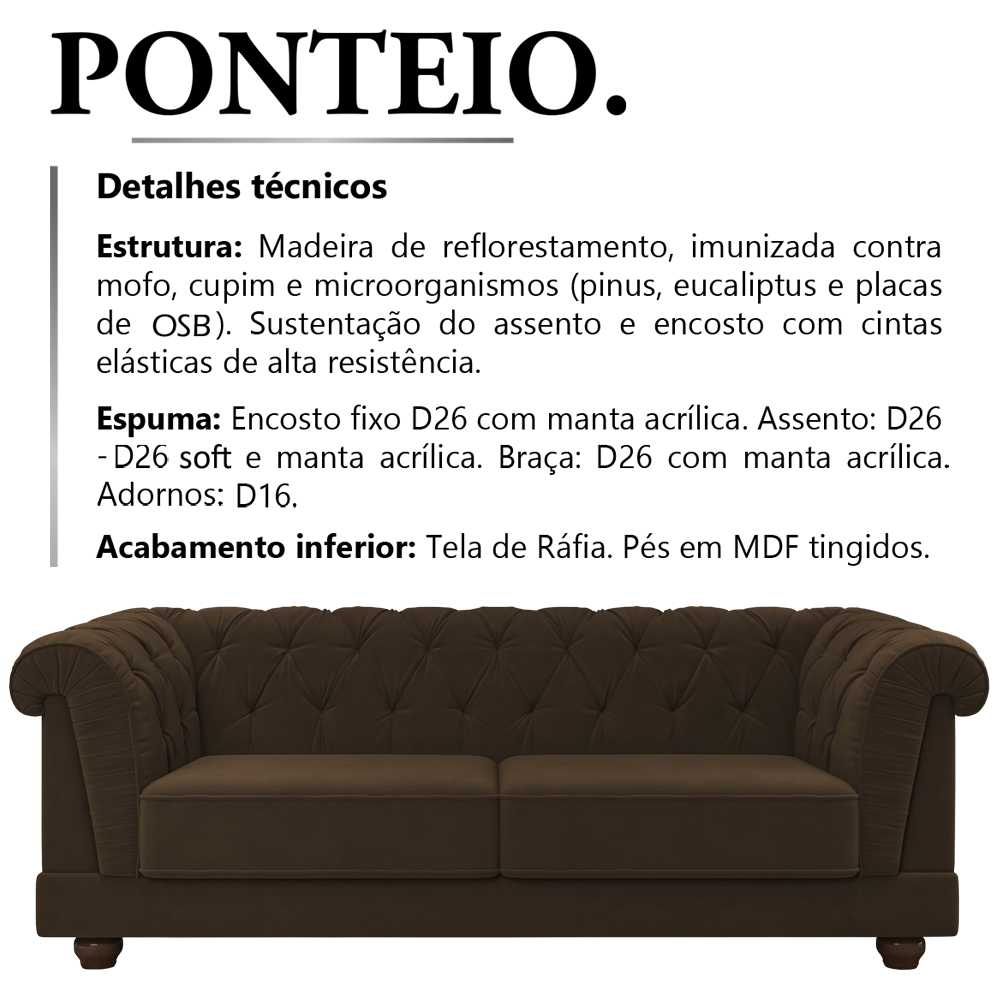 Sofa 3 Lugares 220 cm Ponteio Veludo SL 942 Moll