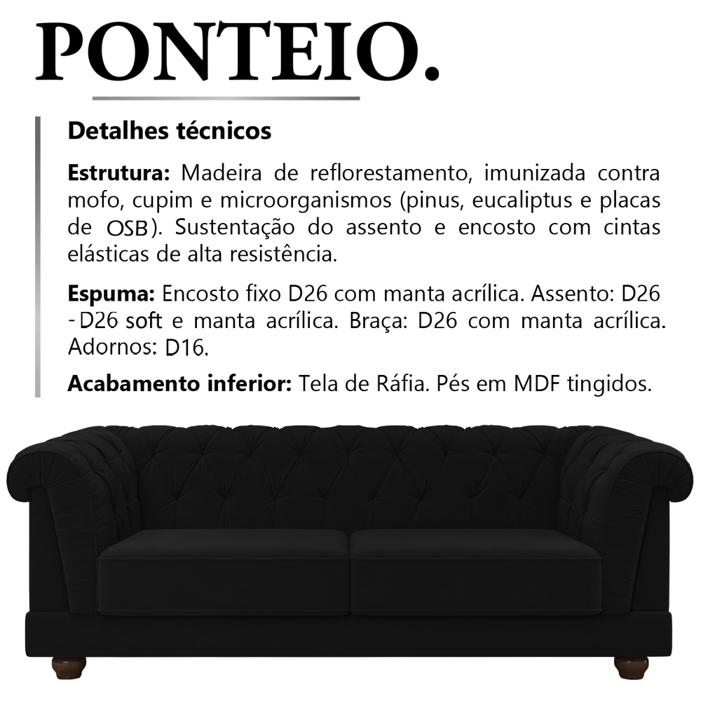 Sofa 3 Lugares 220 cm Ponteio Veludo SL 944 Moll