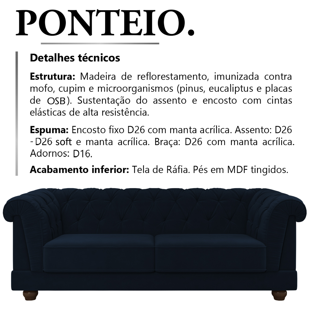 Sofa 3 Lugares 220 cm Ponteio Veludo SL 948 Moll