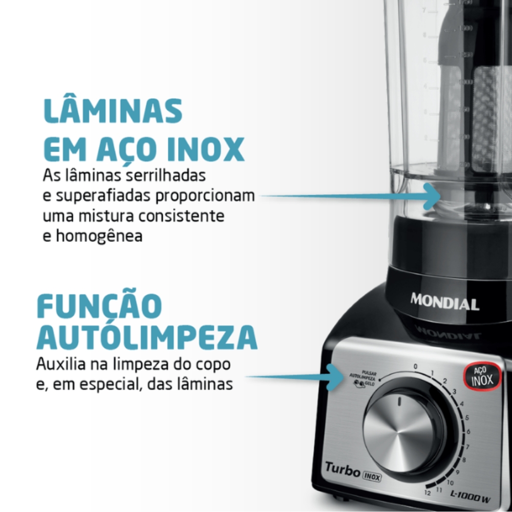 Liquidificador Turbo Preto/Inox 1000W 12 Velocidades Mondial 110V
