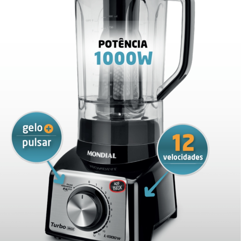 Liquidificador Turbo Preto/Inox 1000W 12 Velocidades Mondial 110V