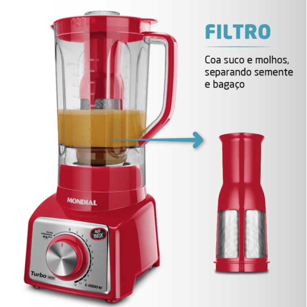 Liquidificador Turbo Vermelho/Inox 1000W 12 Velocidades Mondial 220V