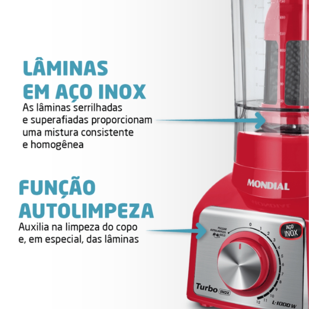Liquidificador Turbo Vermelho/Inox 1000W 12 Velocidades Mondial 220V