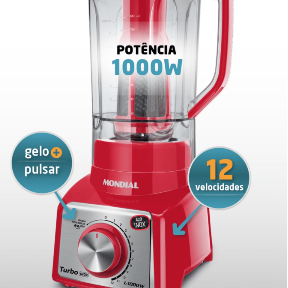 Liquidificador Turbo Vermelho/Inox 1000W 12 Velocidades Mondial 220V
