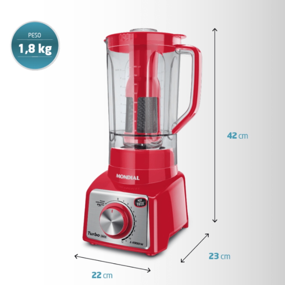 Liquidificador Turbo Vermelho/Inox 1000W 12 Velocidades Mondial 220V