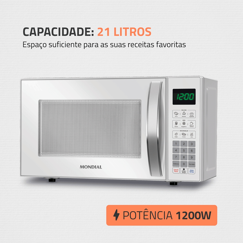 Micro-Ondas Mondial 21L, 1.200W, MO-01-21-W, Branco 127V