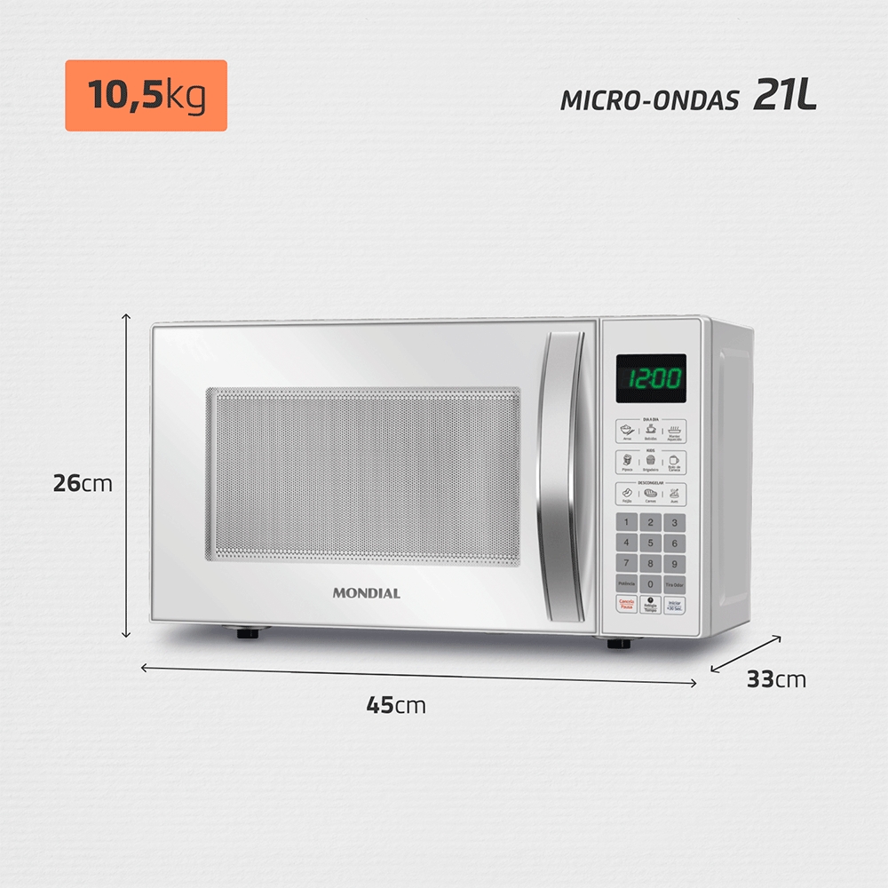 Micro-Ondas Mondial 21L, 1.200W, MO-01-21-W, Branco 127V