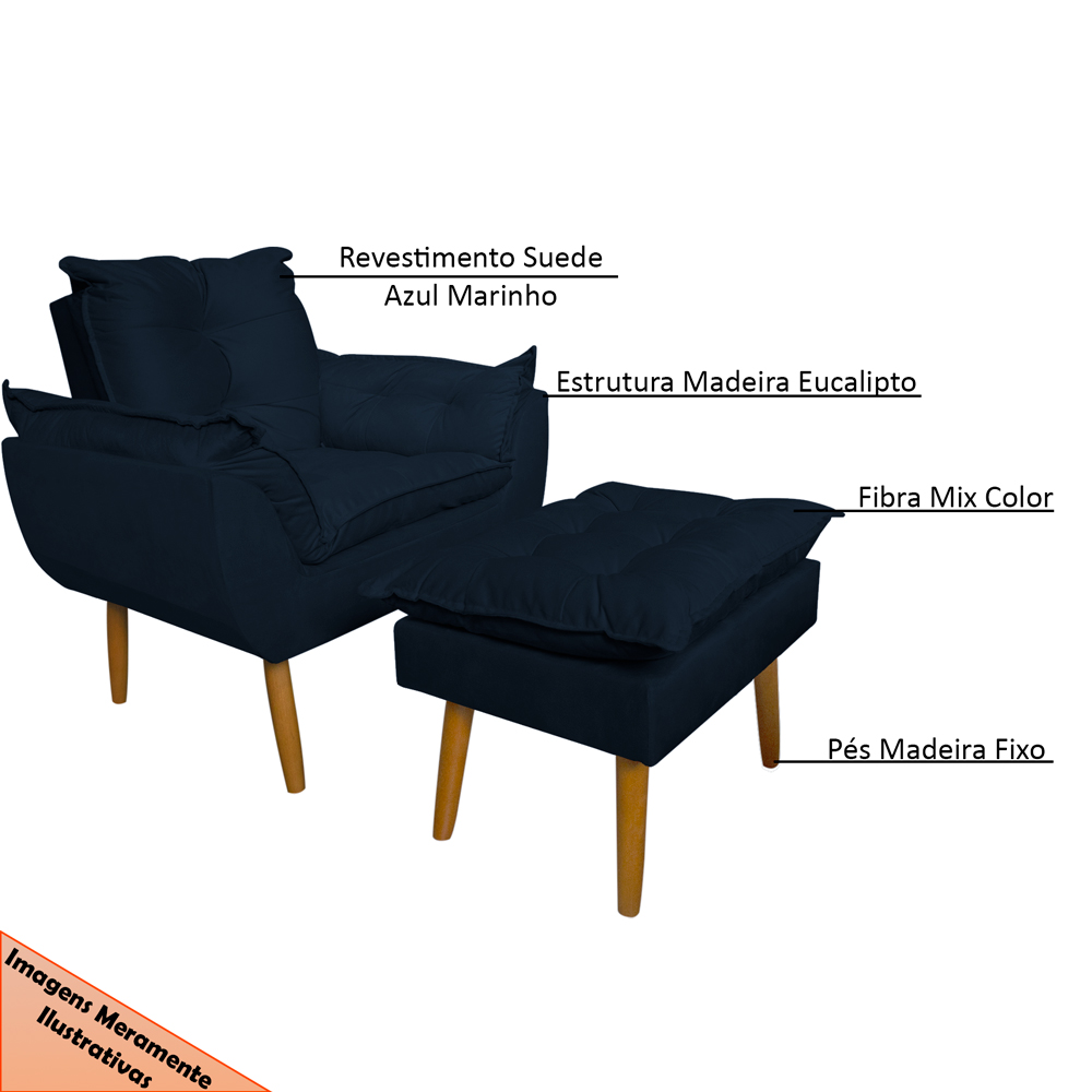 Conjunto Decorativo Poltrona com Puff Opala Suede Azul Marinho - Montanaris Decor