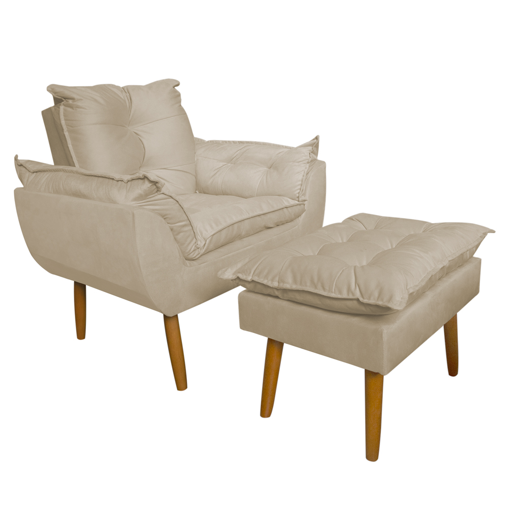 Conjunto Decorativo Poltrona com Puff Opala Suede Bege - Montanaris Decor