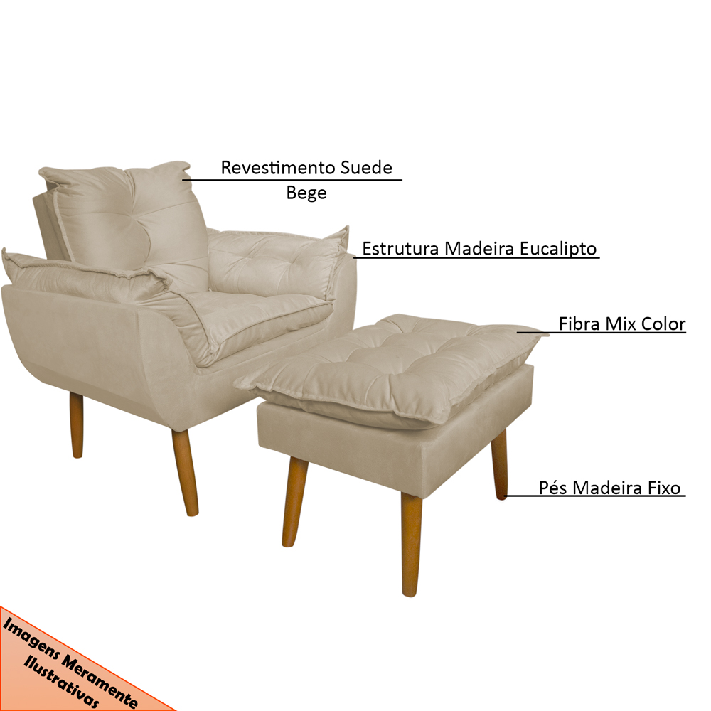 Conjunto Decorativo Poltrona com Puff Opala Suede Bege - Montanaris Decor