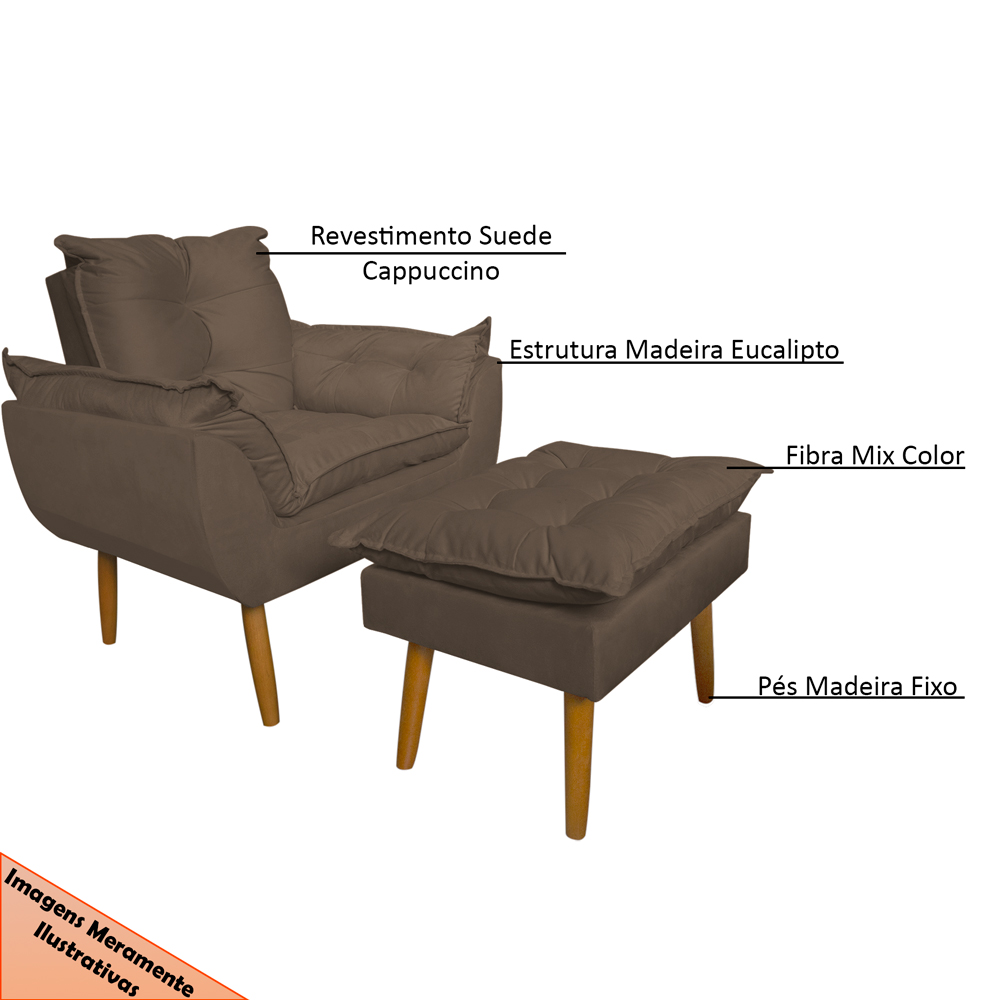 Conjunto Decorativo Poltrona com Puff Opala Suede Cappuccino - Montanaris Decor