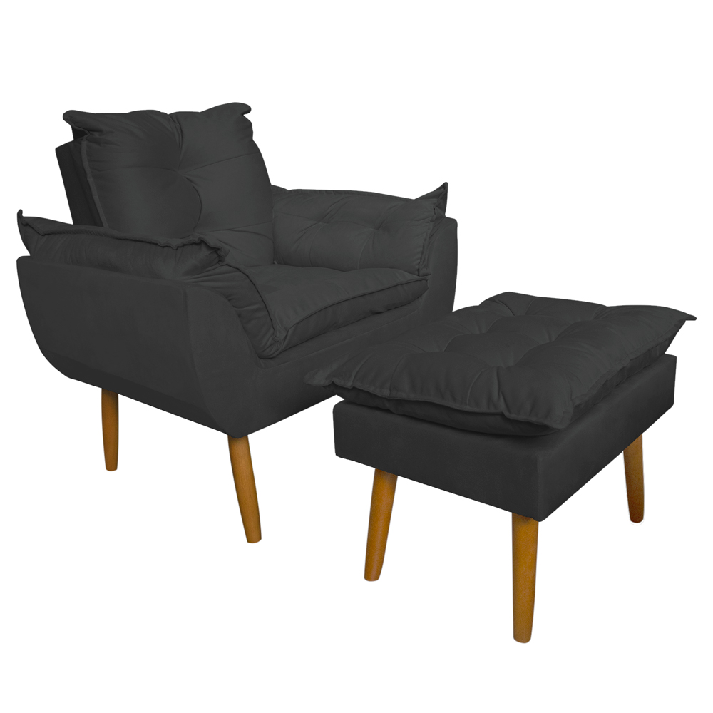 Conjunto Decorativo Poltrona com Puff Opala Suede Cinza - Montanaris Decor