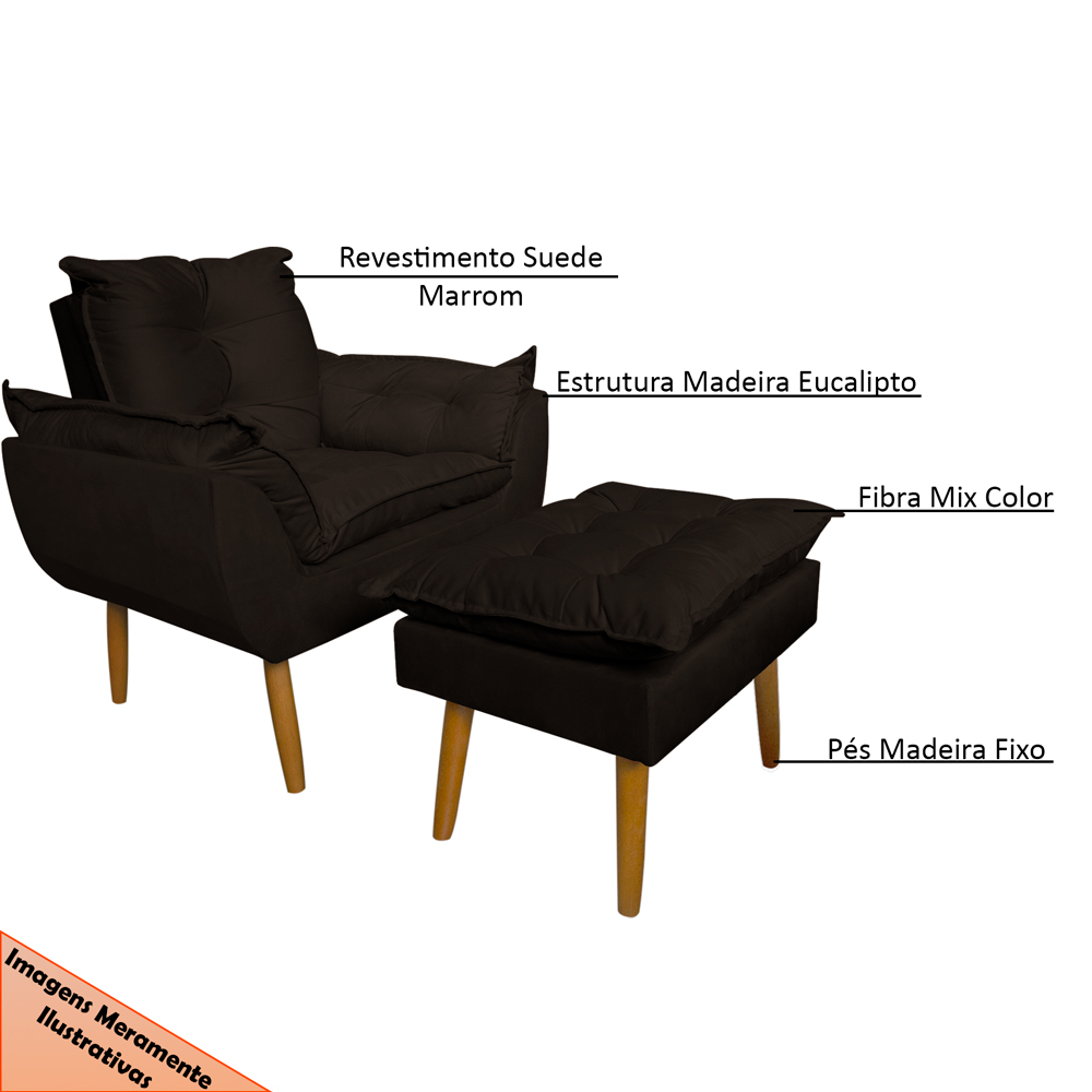 Conjunto Decorativo Poltrona com Puff Opala Suede Marrom - Montanaris Decor
