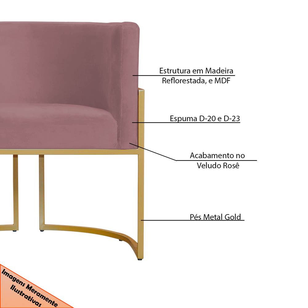 Kit 2 Poltronas Decorativa Sala de Estar Luana Base Gold Veludo Rosê - Montanaris Decor