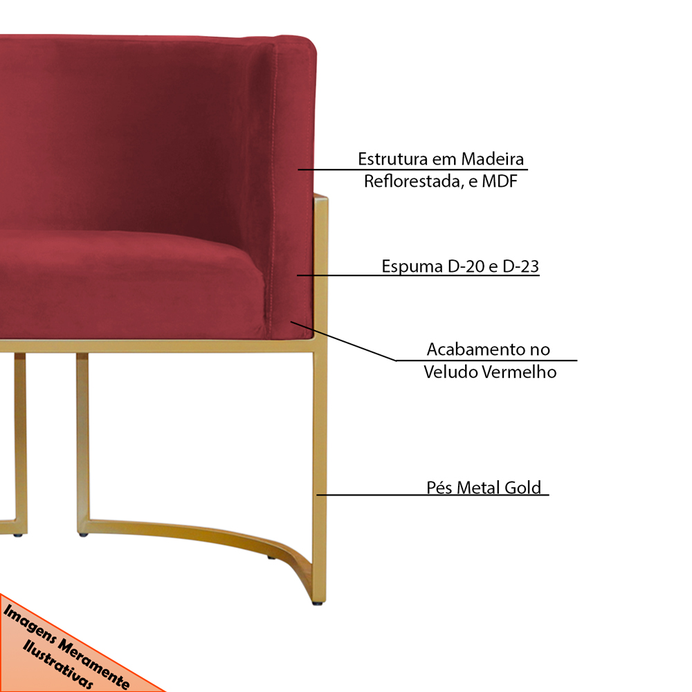 Kit 2 Poltronas Decorativa Sala de Estar Luana Base Gold Veludo Vermelho - Montanaris Decor