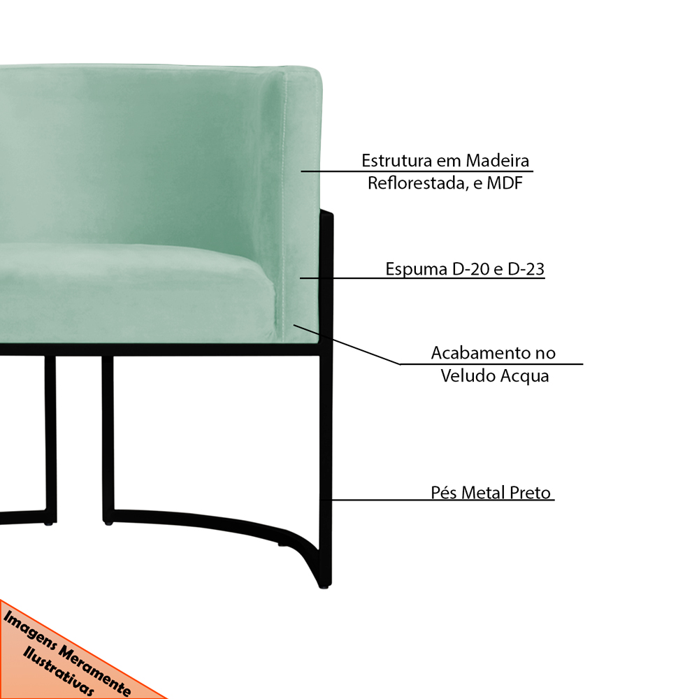 Kit 2 Poltronas Decorativa Sala de Estar Luana Base Preta Veludo Acqua - Montanaris Decor