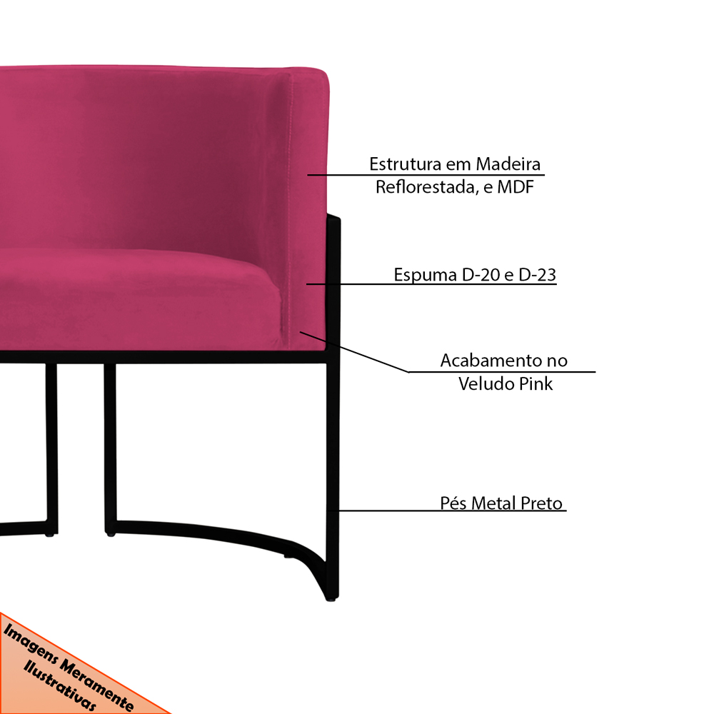 Kit 2 Poltronas Decorativa Sala de Estar Luana Base Preta Veludo Pink - Montanaris Decor