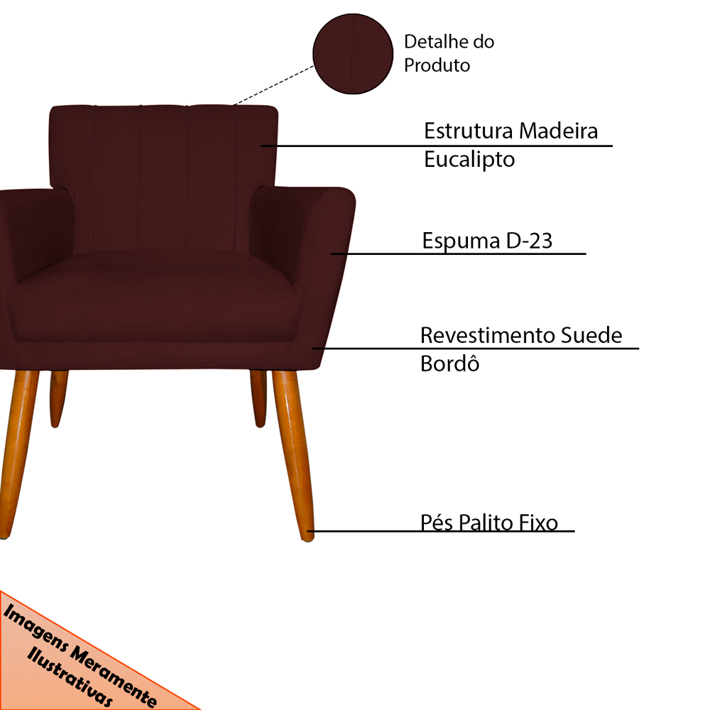 Kit 2 Poltronas Decorativa para Sala de Estar Cecília Suede Bordô - Montanaris Decor