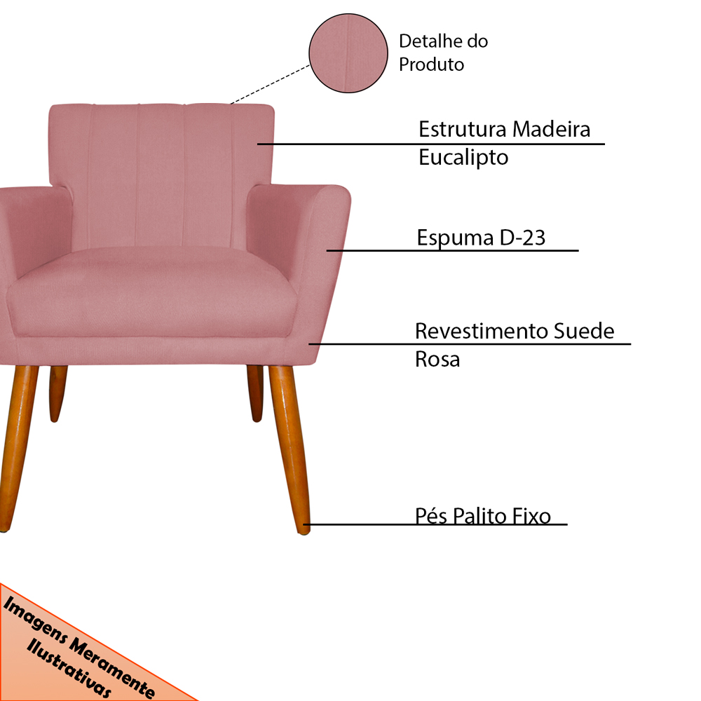 Kit 2 Poltronas Decorativa para Sala de Estar Cecília Suede Rosa - Montanaris Decor