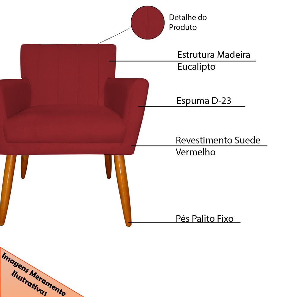 Kit 2 Poltronas Decorativa para Sala de Estar Cecília Suede Vermelho - Montanaris Decor