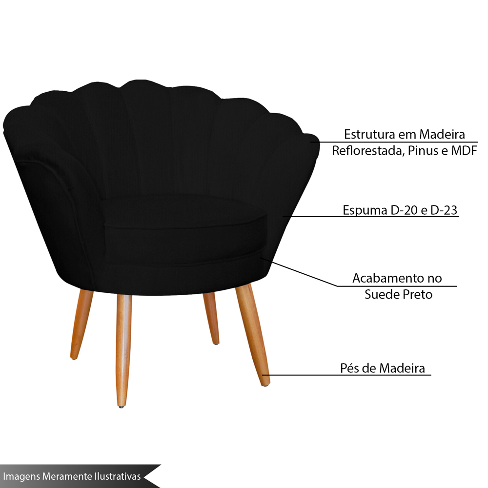 Kit 2 Poltronas Decorativa para Sala de Estar Charm Suede Preto - Montanaris Decor