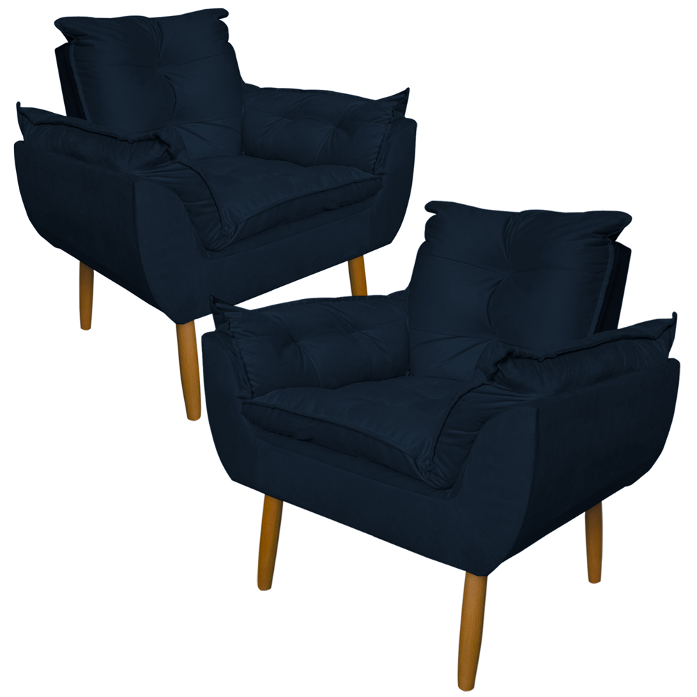 Kit 2 Poltronas Decorativa para Sala de Estar Opala Suede Azul Marinho - Montanaris Decor