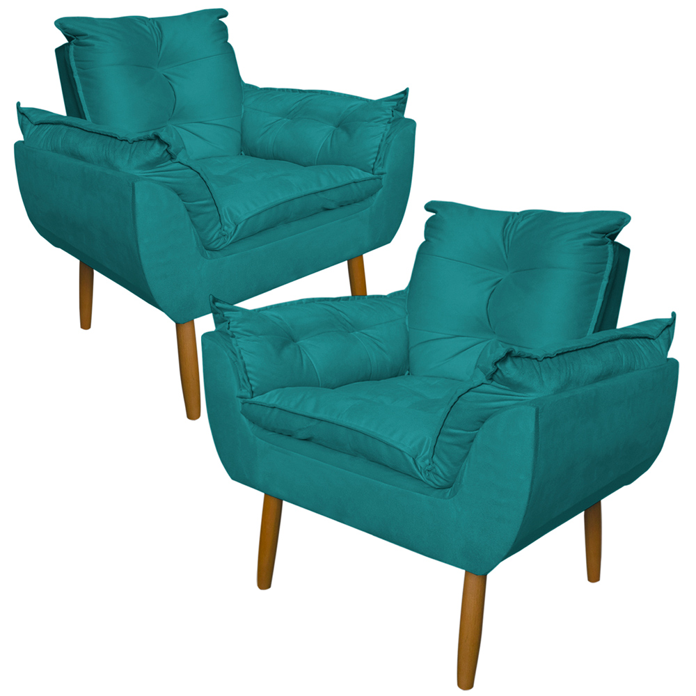 Kit 2 Poltronas Decorativa para Sala de Estar Opala Suede Azul Turquesa - Montanaris Decor