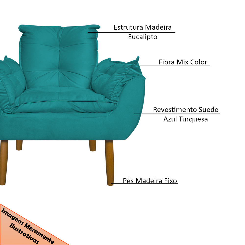 Kit 2 Poltronas Decorativa para Sala de Estar Opala Suede Azul Turquesa - Montanaris Decor