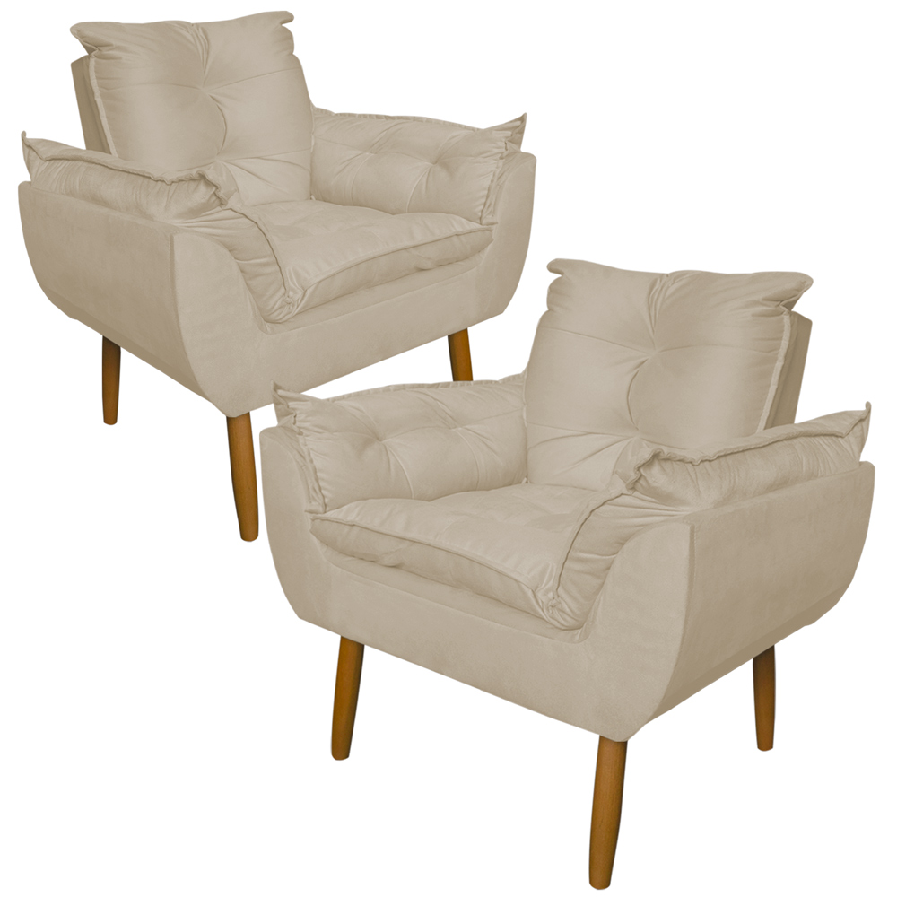 Kit 2 Poltronas Decorativa para Sala de Estar Opala Suede Bege - Montanaris Decor