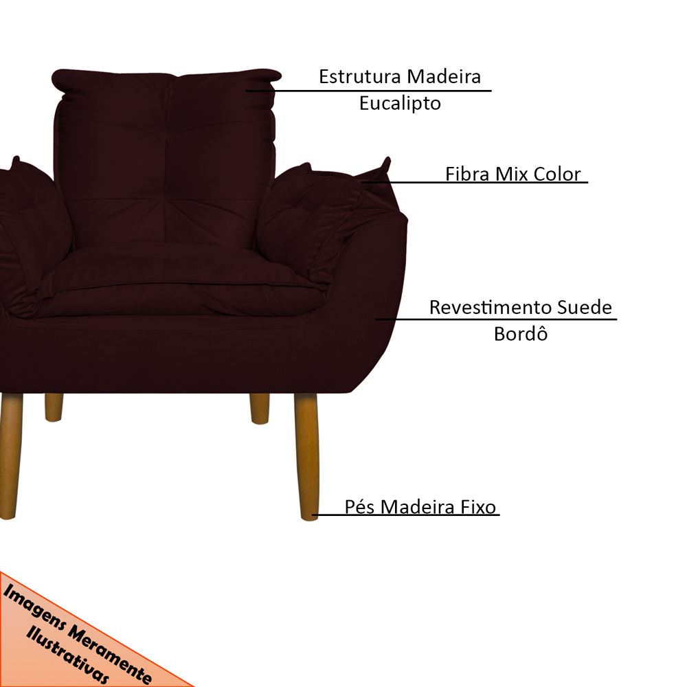 Kit 2 Poltronas Decorativa para Sala de Estar Opala Suede Bordô - Montanaris Decor