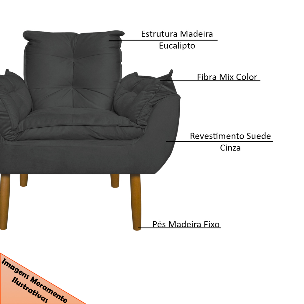 Kit 2 Poltronas Decorativa para Sala de Estar Opala Suede Cinza - Montanaris Decor