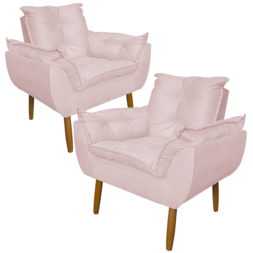 Kit 2 Poltronas Decorativa para Sala de Estar Opala Suede Rosa Claro - Montanaris Decor