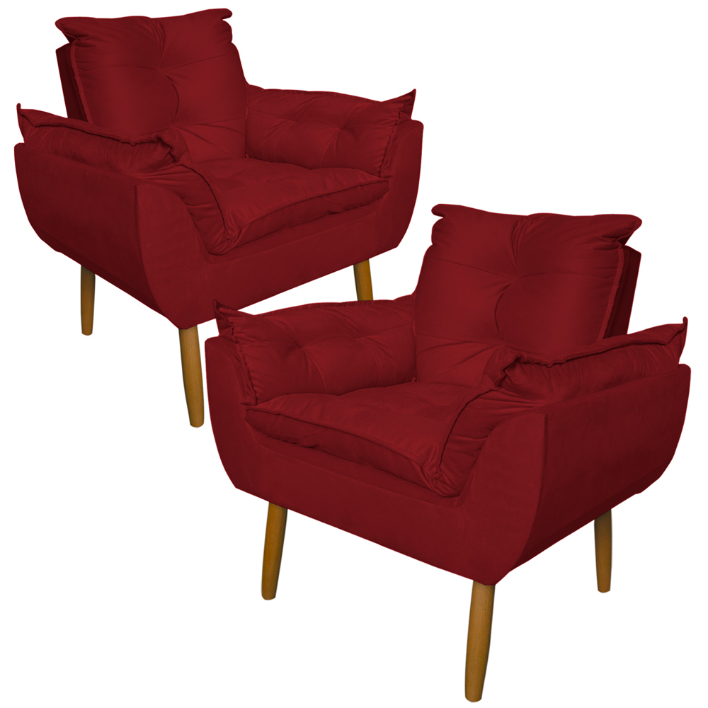 Kit 2 Poltronas Decorativa para Sala de Estar Opala Suede Vermelho - Montanaris Decor